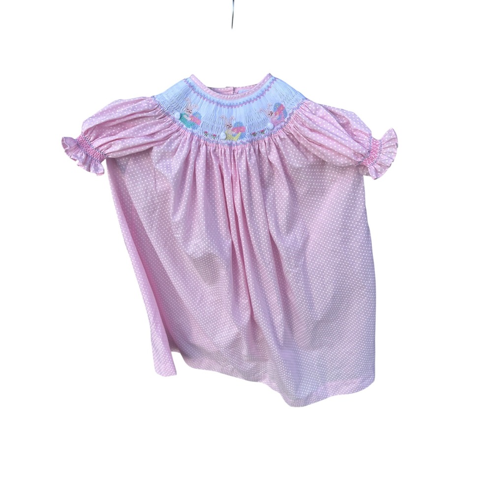 Tanja Girls Pink Polka Dot Smocked Easter Bunny Dress Size 4 Short Sleeve Bishop